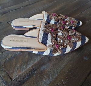 Antonio Melani Blue and Cream Floral Embellished Mules